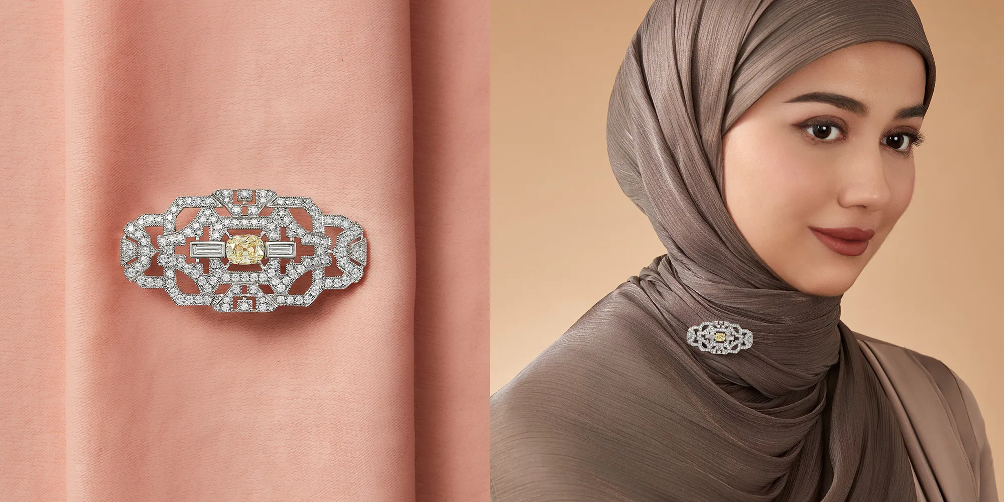 The Orion Plaque
An ode to symmetry and sophistication. This Art Deco plaque brooch is masterfully crafted in white gold, featuring an intricate lattice of baguette and brilliant-cut diamonds. At its centre rests a subtle yellow diamond, offering a whisper of warmth within its geometric frame.