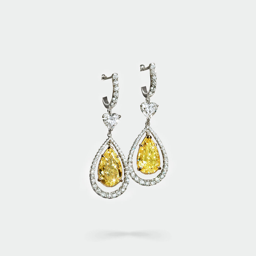 Yellow Pear Shaped Diamonds with Heart and Round Shaped White Diamond Earrings | SUEN