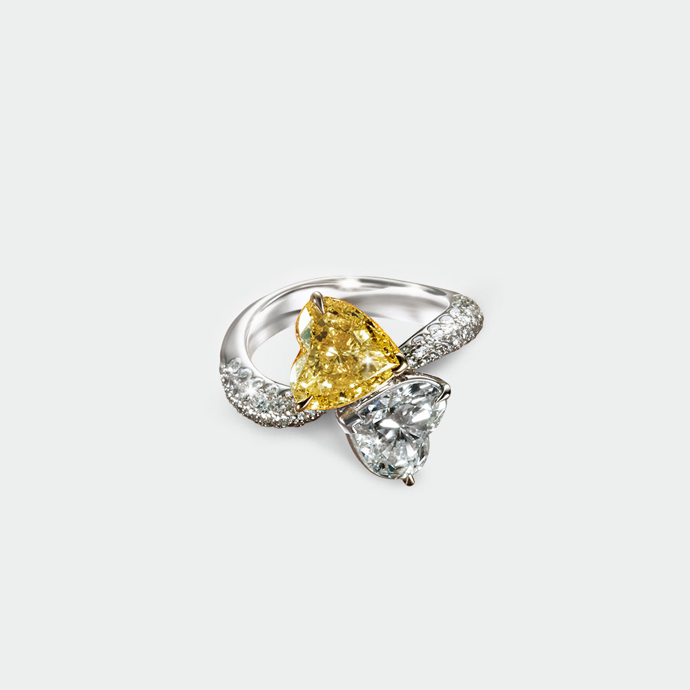 Yellow and White Heart-shaped diamond ring | SUEN