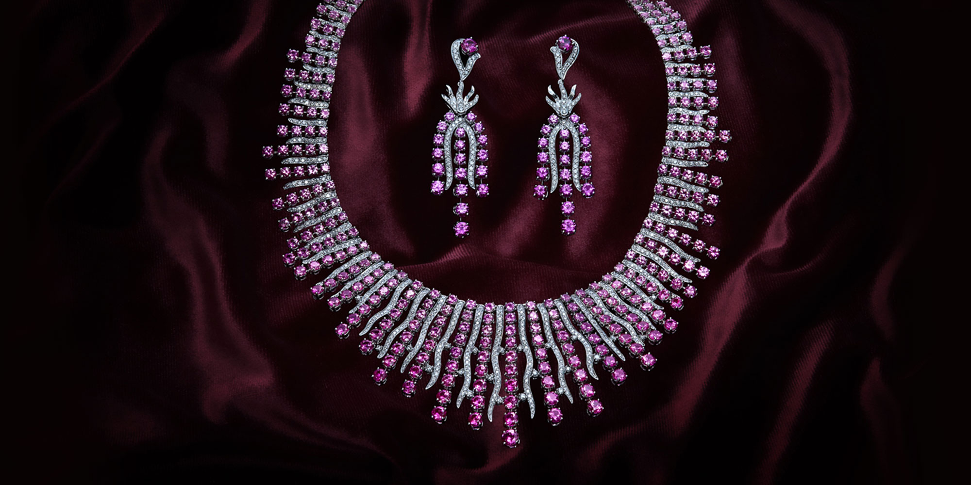 Pink Sapphire with diamonds necklace and earrings set